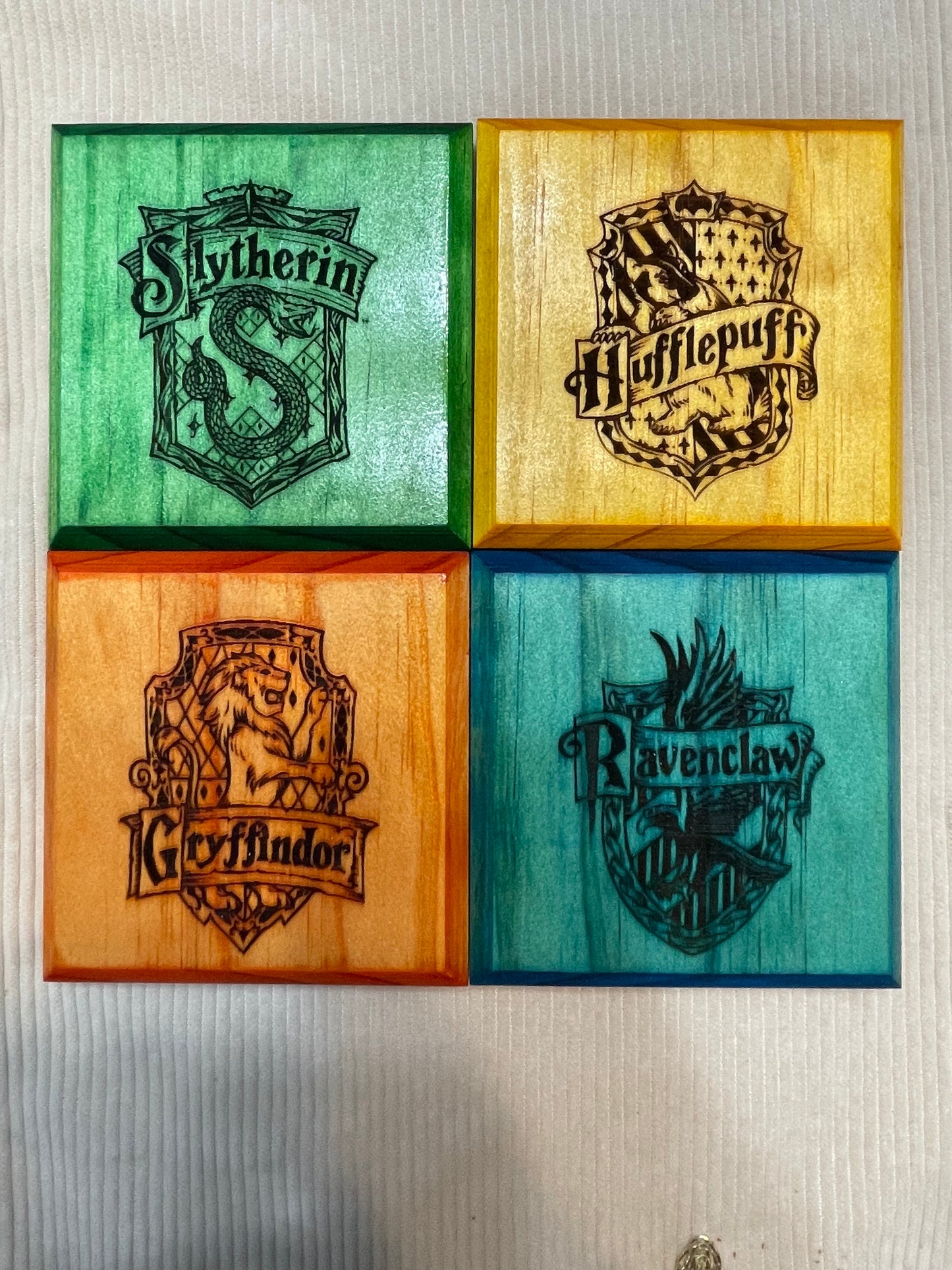 Harry Potter House Themed Premium Wooden Coaster Set w/ Holder - Custom