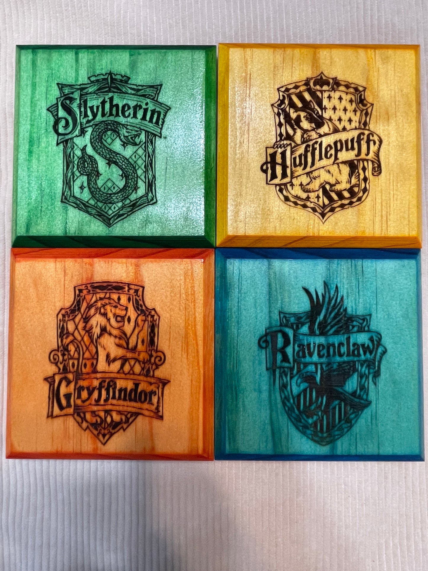 Harry Potter House Themed Premium Wooden Coaster Set w/ Holder - Custom