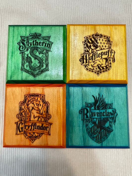 Harry Potter House Themed Premium Wooden Coaster Set w/ Holder - Custom